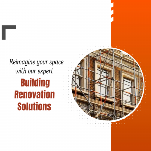 Building renovation with scaffolding and text overlay