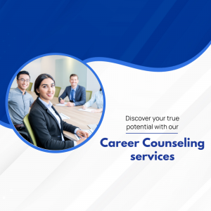 Image promoting career counseling services with professionals in a meeting.