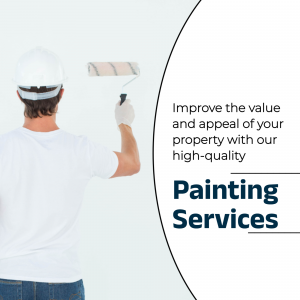 Painter applying paint to a wall with text promoting painting services.