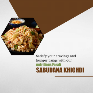 Close-up of Sabudana Khichdi in a bowl with a promotional text overlay.