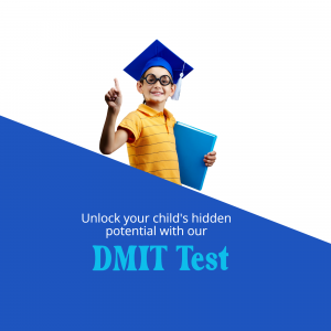 A young boy in a graduation cap and gown holding a book, promoting a DMIT test.