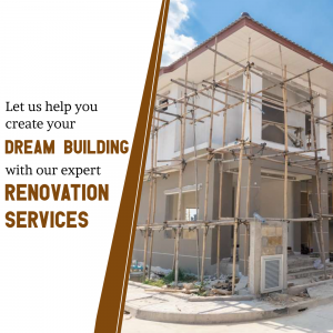 House under renovation with scaffolding and text overlay promoting building services.