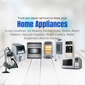 Various home appliances including ice makers, ovens, heaters, vacuum cleaners, and water coolers.