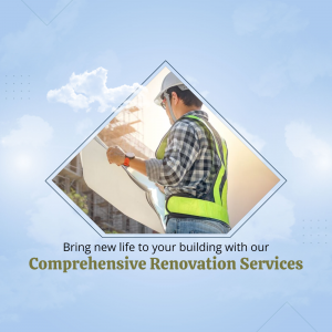 Construction worker reviewing blueprints with a building in the background