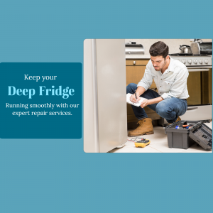 A repairman working on a deep fridge in a kitchen.