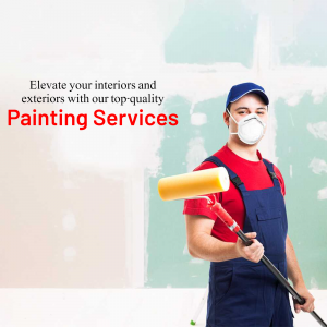 Painter wearing a mask and overalls holding a paint roller in front of a painted wall.