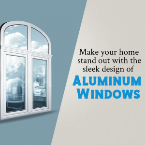Close-up of a modern aluminum window with text promoting sleek design.