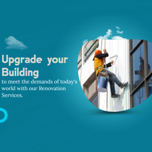 Window washer cleaning a building facade, promoting renovation services.