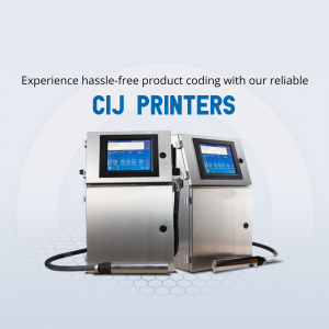 Two CIJ printers with touch screen displays on a light blue background