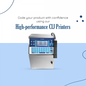 Close-up of a silver CIJ printer with a blue background