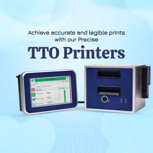 Close-up of a TTO printer with a screen displaying print settings.