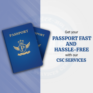 Image of two passports with text promoting fast and hassle-free passport services.