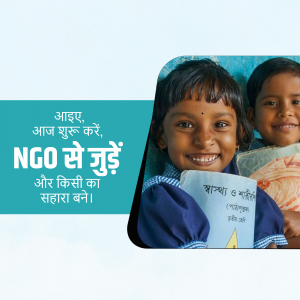 Two smiling young girls holding books, promoting an NGO for education support.