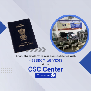 Image of a passport with a CSC center in the background, promoting passport services.
