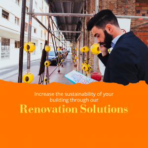 Man reviewing blueprints with scaffolding and sustainability message