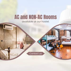 Image showcasing AC and Non-AC rooms available at a hostel.