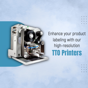 Close-up of a Thermal Transfer Overprinter (TTO) printer with text promoting enhanced product labeling.