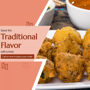 Close-up of crispy pakoras served with chutney, promoting traditional Indian flavors.