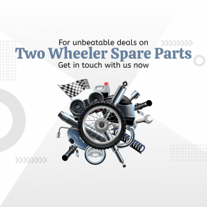 Assortment of two-wheeler spare parts with promotional text
