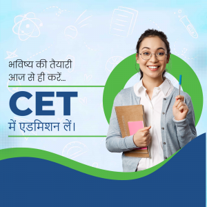 A young woman smiling and holding a notebook with 'CET' prominently displayed in the background.