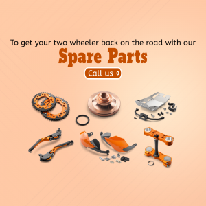 Assortment of orange motorcycle spare parts with text promoting repair services.