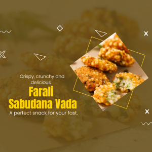 Close-up of crispy Farali Sabudana Vada on a textured surface with graphic elements.