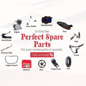 Image showcasing various motorcycle spare parts with a call to action.
