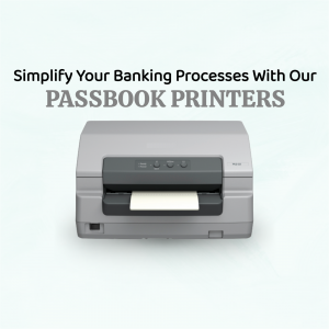 Gray passbook printer on a light blue background with text promoting banking process simplification.