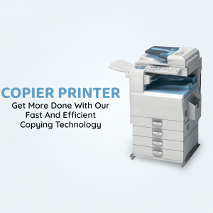 Image of a white copier printer with text overlay 'Copier Printer - Get More Done With Our Fast And Efficient Copying Technology'