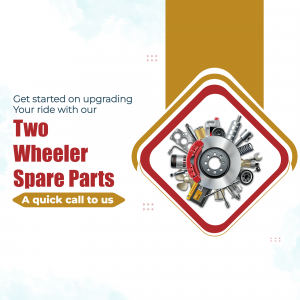 Advertisement for two-wheeler spare parts with a collage of parts inside a diamond shape.