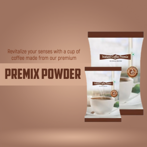 Packaging design for Premix Coffee Powder with a cup of coffee illustration.