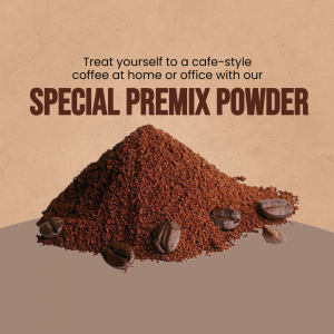 Pile of coffee powder with coffee beans and text promoting special premix powder
