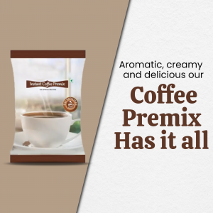 Image of a coffee premix packet with a cup of coffee and text promoting its taste.