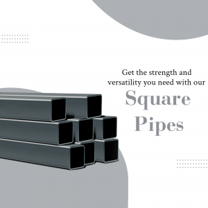 Stack of black square steel pipes on a light gray background with text promoting their strength and versatility.
