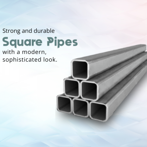 Stack of silver square metal pipes with text overlay