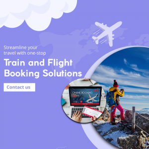 Image promoting train and flight booking services with a person hiking and a laptop displaying a booking website.