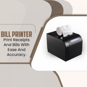 Black bill printer with a receipt printing, promotional image