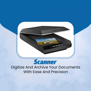 Image of a black scanner with the word 'Scanner' and text promoting document digitization.