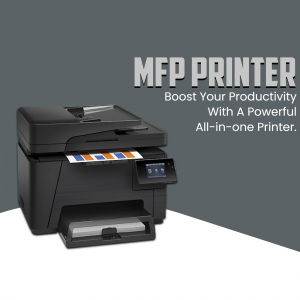 Image of a black MFP printer with text promoting increased productivity.