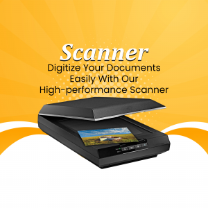 Black document scanner with text 'Scanner. Digitize Your Documents Easily With Our High-performance Scanner'