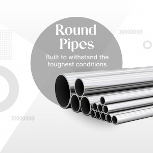 Stainless steel round pipes stacked against a grey and white background with text.