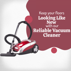 Red and silver vacuum cleaner on a maroon and white background with text promoting floor cleaning.