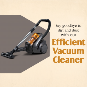 Black and orange vacuum cleaner on a beige and brown background with text promoting its efficiency.