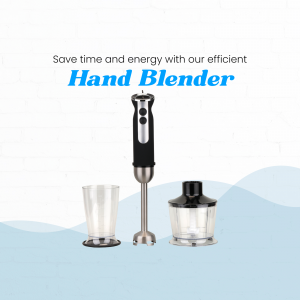 Black and silver hand blender with accessories on a light blue background