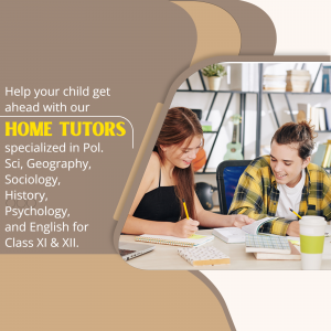 Two students studying with a tutor, promoting home tutoring services.