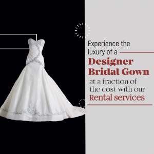 Elegant white strapless bridal gown with floral details, promoting a designer gown rental service.