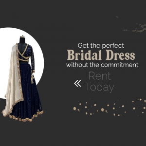 Elegant navy blue and gold bridal lehenga choli displayed on a mannequin with rental promotion text.