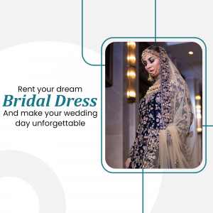 A woman in a beautiful blue and gold bridal dress, promoting bridal dress rentals.