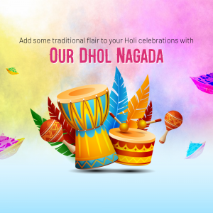 Colorful illustration of Dhol Nagada instruments for Holi festival