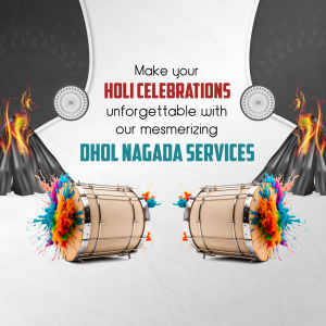 Holi celebration advertisement featuring dhol and nagada drums with colorful splashes.